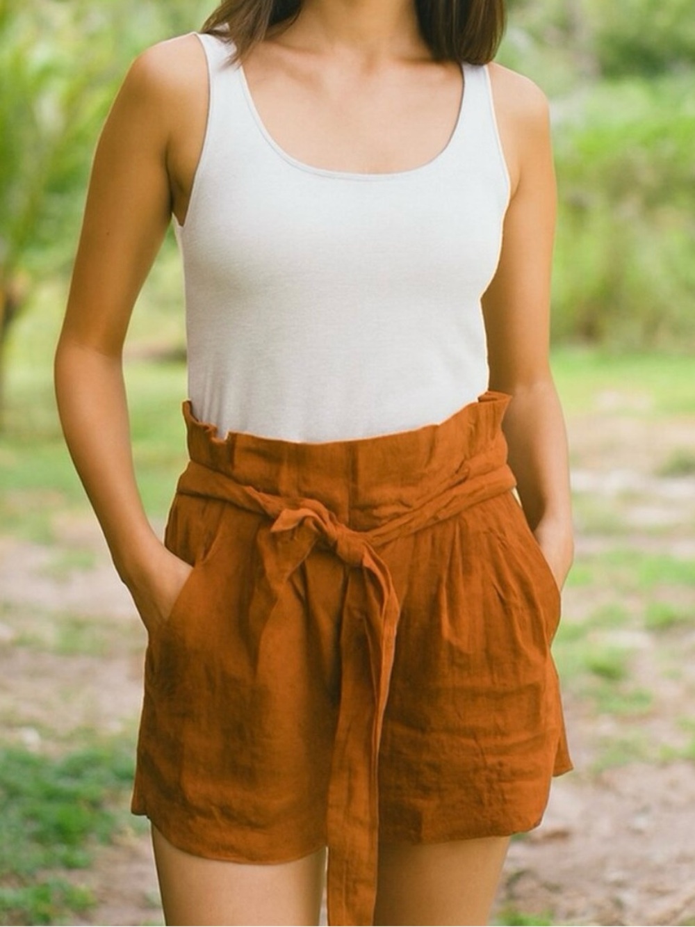 A New Day Women’s Paperbag Belted Lightweight Shorts Sz XS Brown Elastic Waist